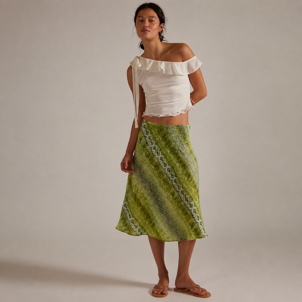 VTG. 90s Y2K Boho Paisley‎ Skirt Medium Green Chiffon Fairy Romantic Whimsical